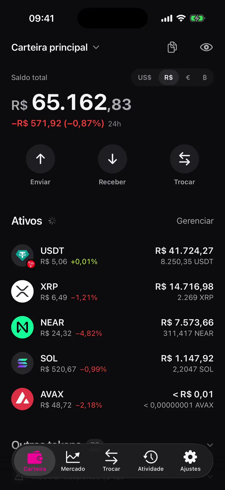 A Carteira: o saldo, os valores escondidos e mostrados de novo, e a página do XRP
