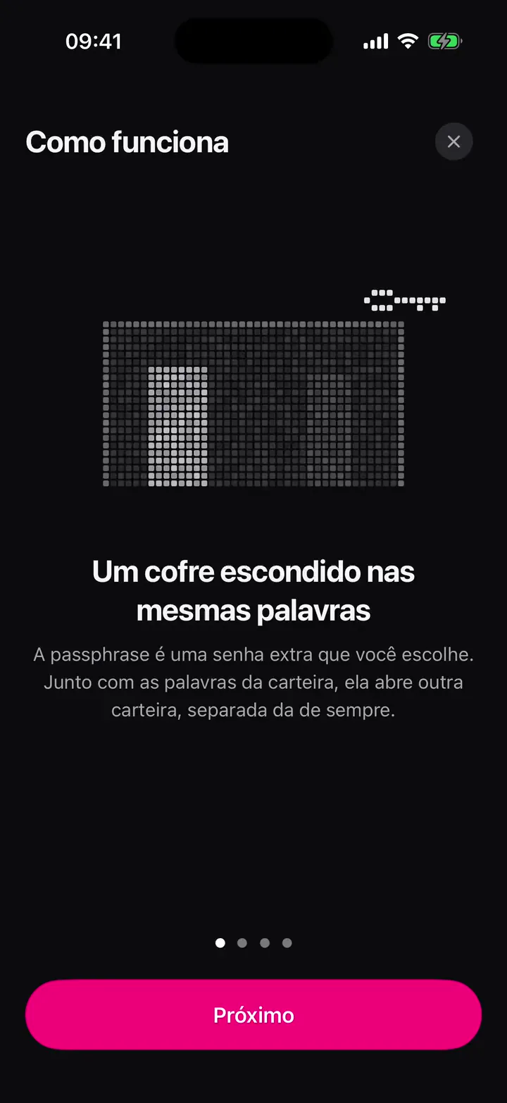 Como funciona a passphrase: a porta escondida, os endereços próprios e a chave esquecida, em pixels