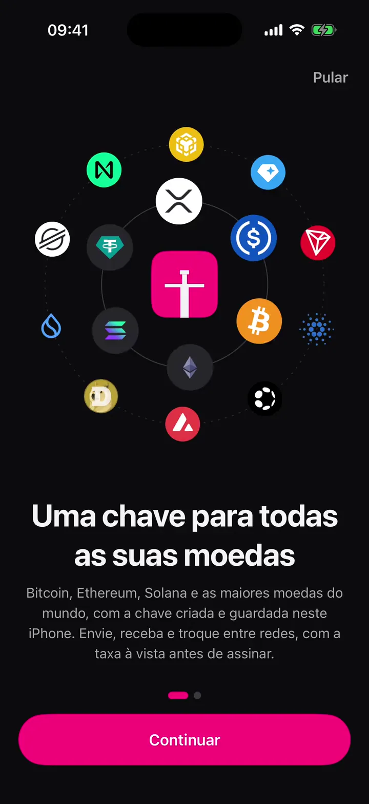 A abertura do app: uma chave para todas as moedas, e só você assina
